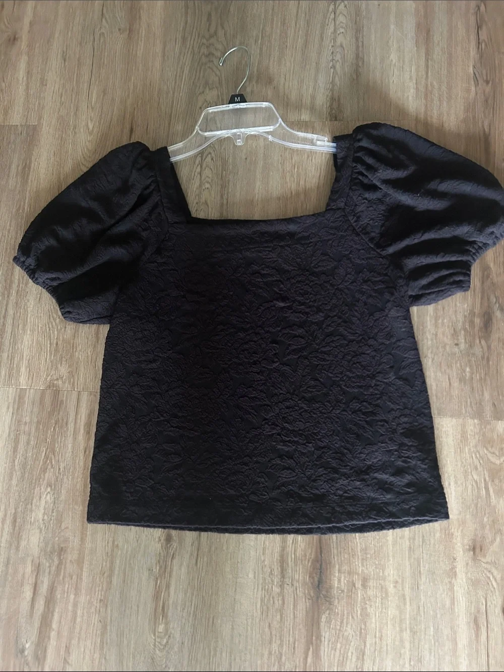 LOFT Black Textured  Puff Sleeve Square Neck Top Small